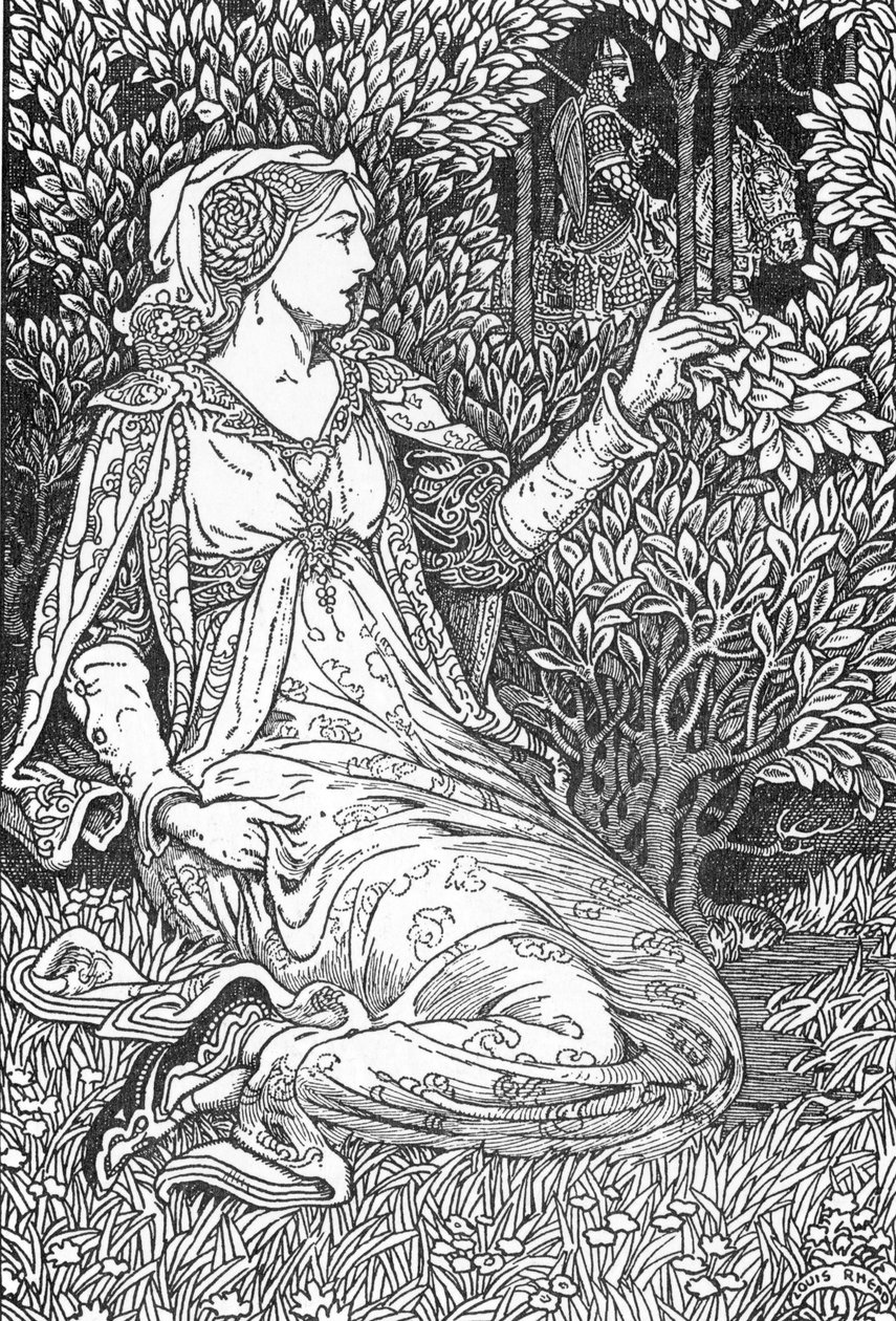 La belle Iseult (retrato de Iseult (Isault)) Ilustração de Louis Rhead (1858-1926) de "King Arthur and his knights" 1923 Colecção privada de Louis John Rhead