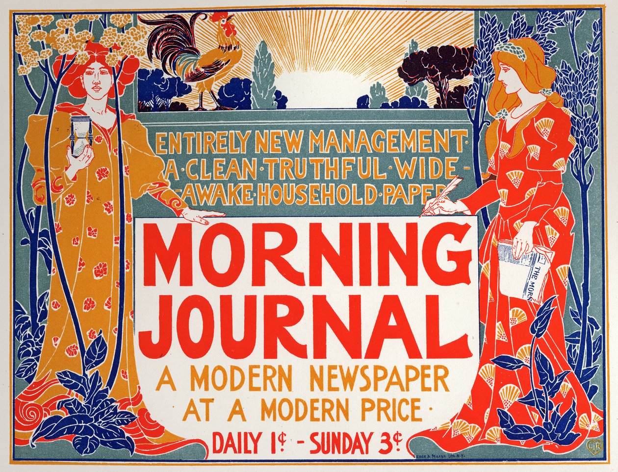 Literatura. Diário da Manhã, jornal. Cartaz de Louis Rhead, EUA, c.1895 (cartaz) de Louis John Rhead