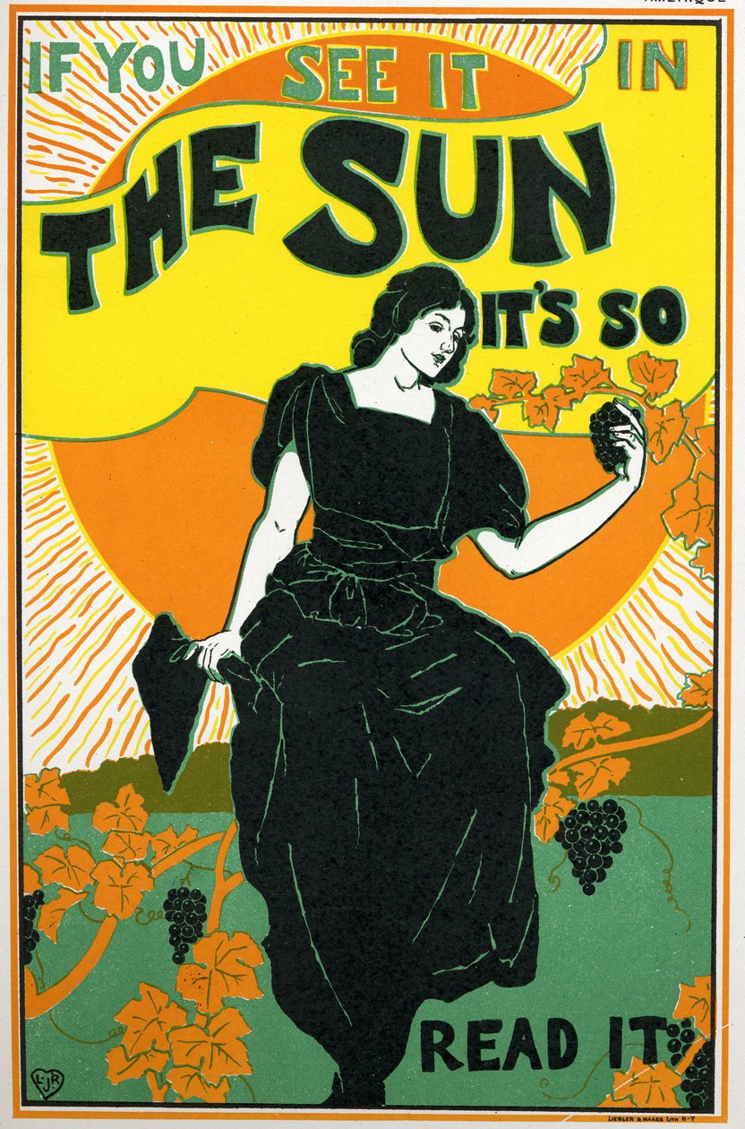 Literatura. O Sol, jornal. Cartaz de Louis Rhead, EUA, c.1890 (cartaz) de Louis John Rhead