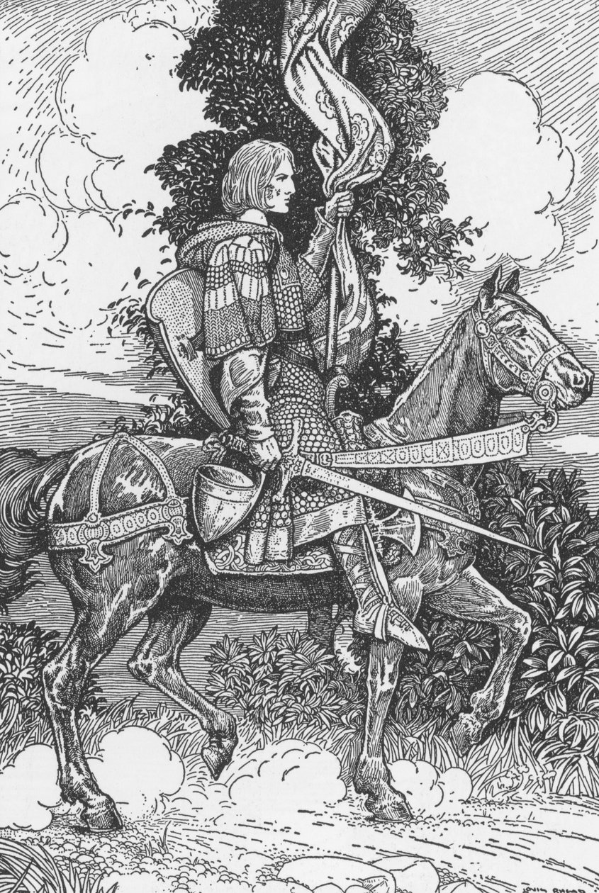 Sir Tristam montado no castelo de Tintagil Ilustração de Louis Rhead (1858-1926) de "King Arthur and his knights" 1923 Colecção privada de Louis John Rhead