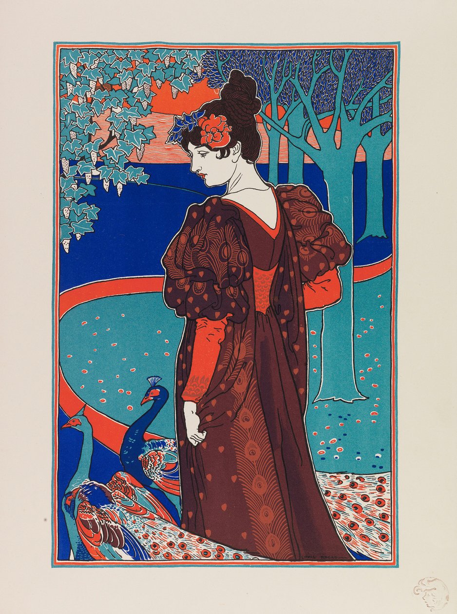 Mulher com pavões, cerca de 1897. de Louis John Rhead