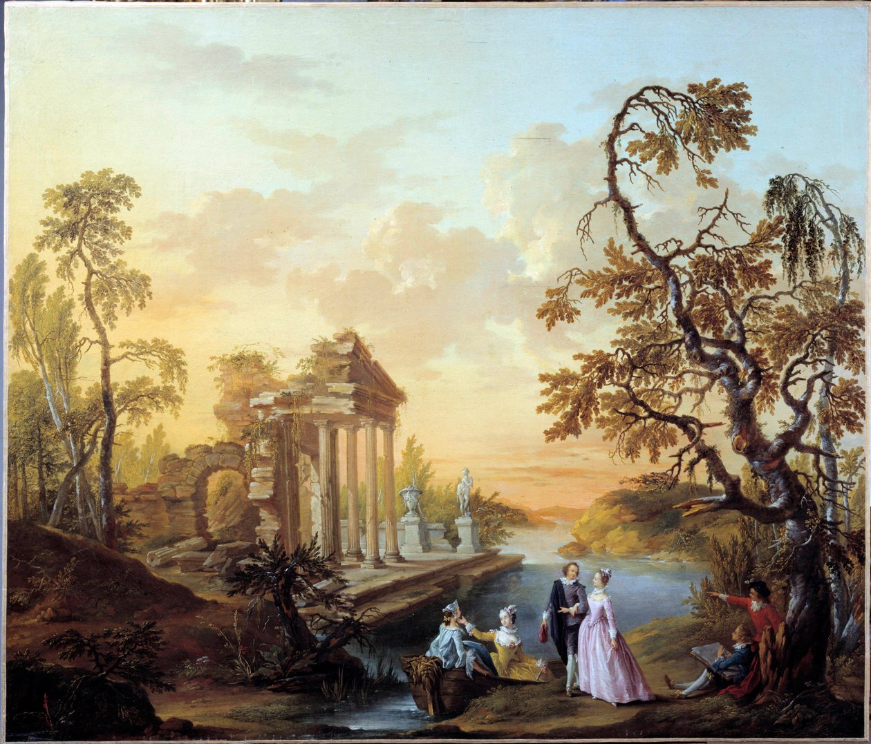 Tributo ao Amor Cena Romântica em uma paisagem de antigas ruínas ao entardecer. Pintura de Louis Joseph Watteau dit Watteau de Lille (1731-1798) de Louis Joseph  Watteau