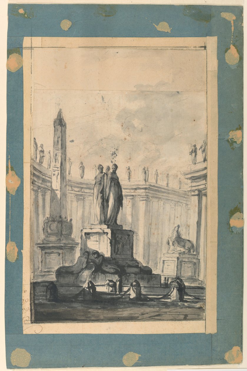 Desenho, Fantasia arquitetónica com fonte e obelisco, ca. 1745 de Louis Joseph Le Lorrain