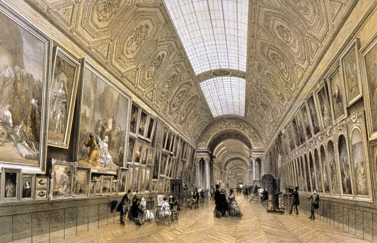 A Grande Galerie, museu do Louvre, c.1850 (desenho) de Louis Jules (after) Arnout