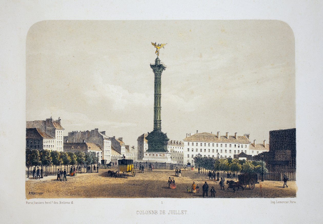 Coluna de Julho (Place de la Bastille), Paris. Litografia aquarela, ilustração de Arnout, em "Album, souvenirs de Paris", Daziaro editor, Paris de Louis Jules Arnout
