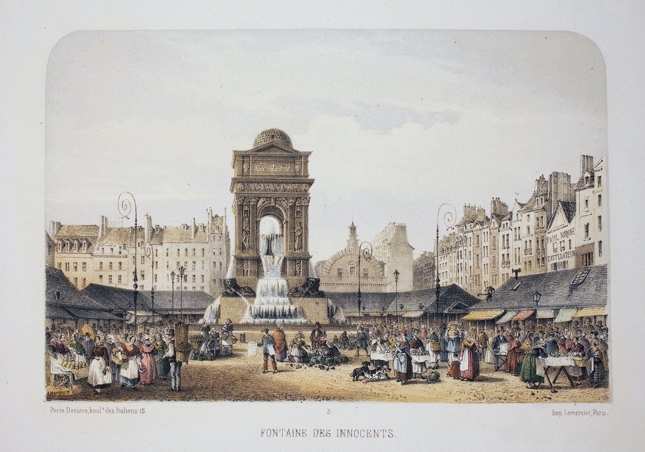 Fonte dos Inocentes (Fonte das Ninfas), Paris. Litografia aquarela, ilustração de Arnout, em "Album, souvenirs de Paris", Daziaro editor, Paris de Louis Jules Arnout