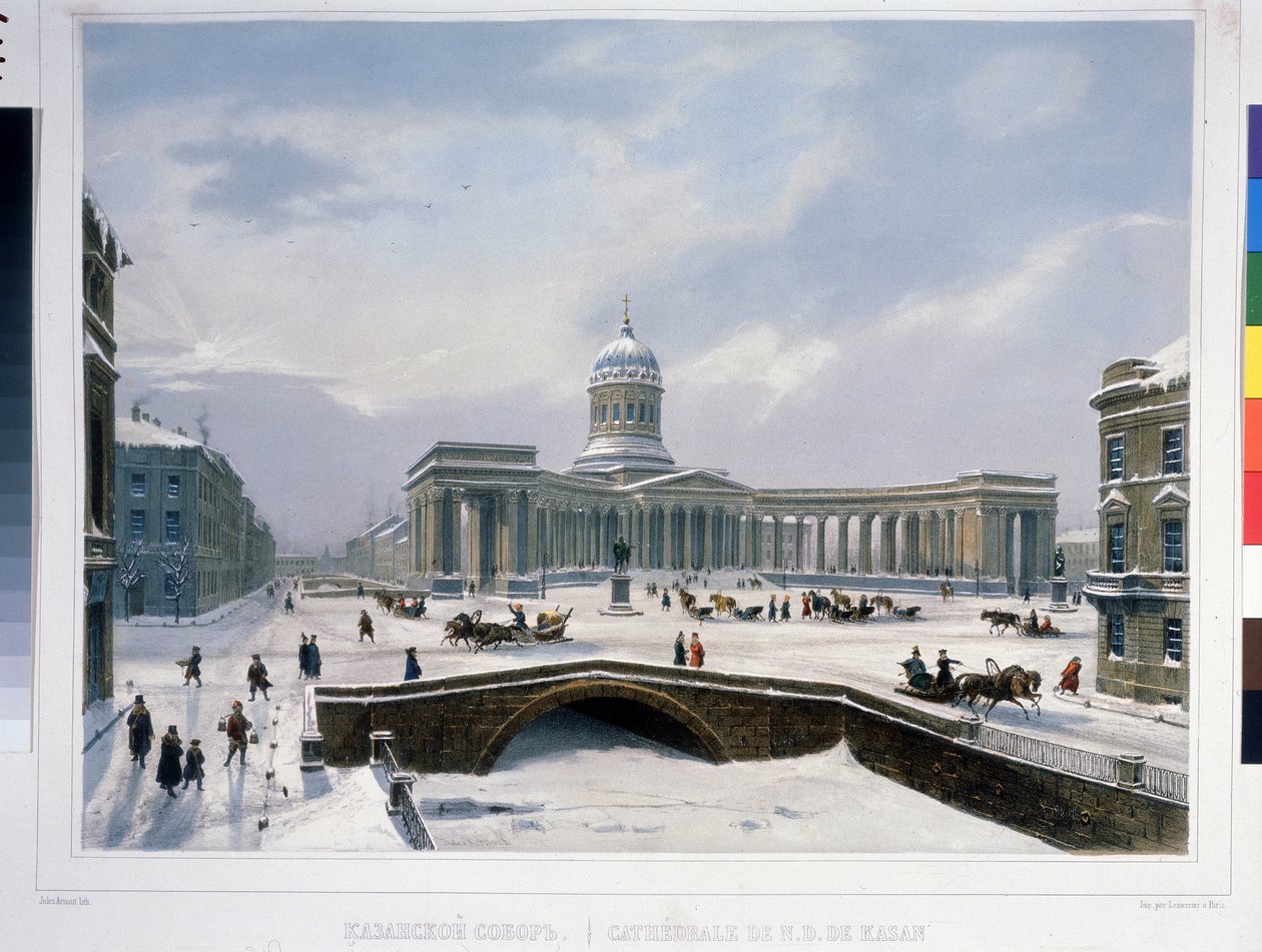 A Catedral de Kazan em São Petersburgo. Litografia de Louis Jules Arnout (1814-1868), colorida em aguarela, cerca de 1840. Arte francesa, classicismo. A. Museu Memorial Pushkin, São Petersburgo. de Louis Jules Arnout