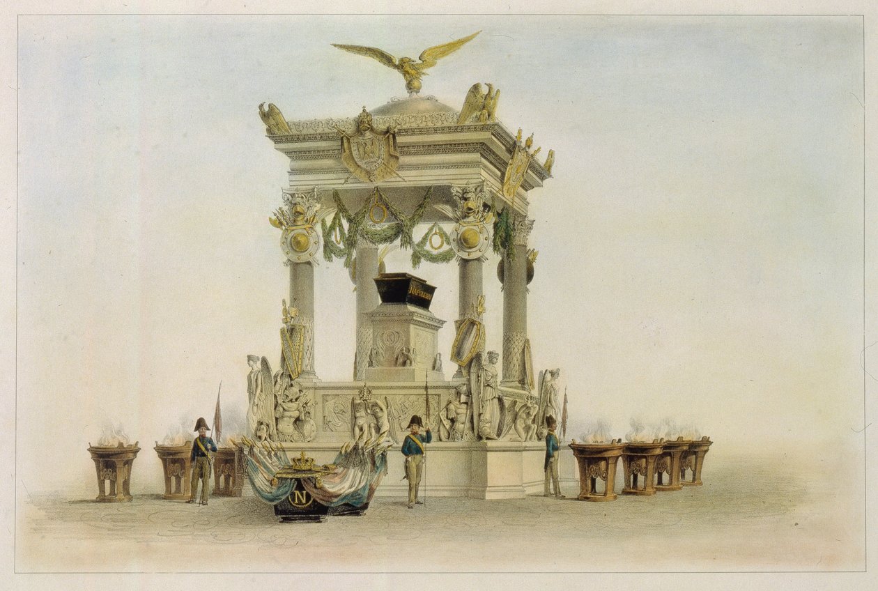 O caixão de Napoleão I Bonaparte (1769-1821) na Igreja de Les Invalides (Paris, França). (Caixão de Napoleão na Igreja dos Inválidos). Trabalho de Louis Jules Arnout (1814-1868), litografia e aguarela. Arte francesa do século XIX, classicismo. de Louis Jules Arnout