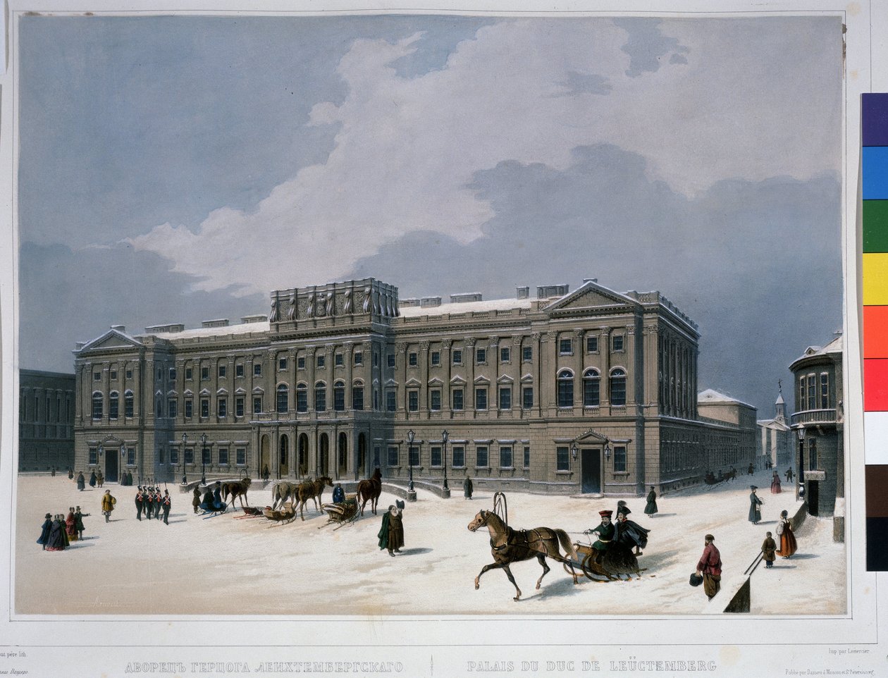 O Palácio Mariinsky na Praça de São Isaac em São Petersburgo. Litografia de Louis Jules Arnout (1814-1868), colorida em aguarela, cerca de 1840. Arte francesa, classicismo. A.Push de Louis Jules Arnout