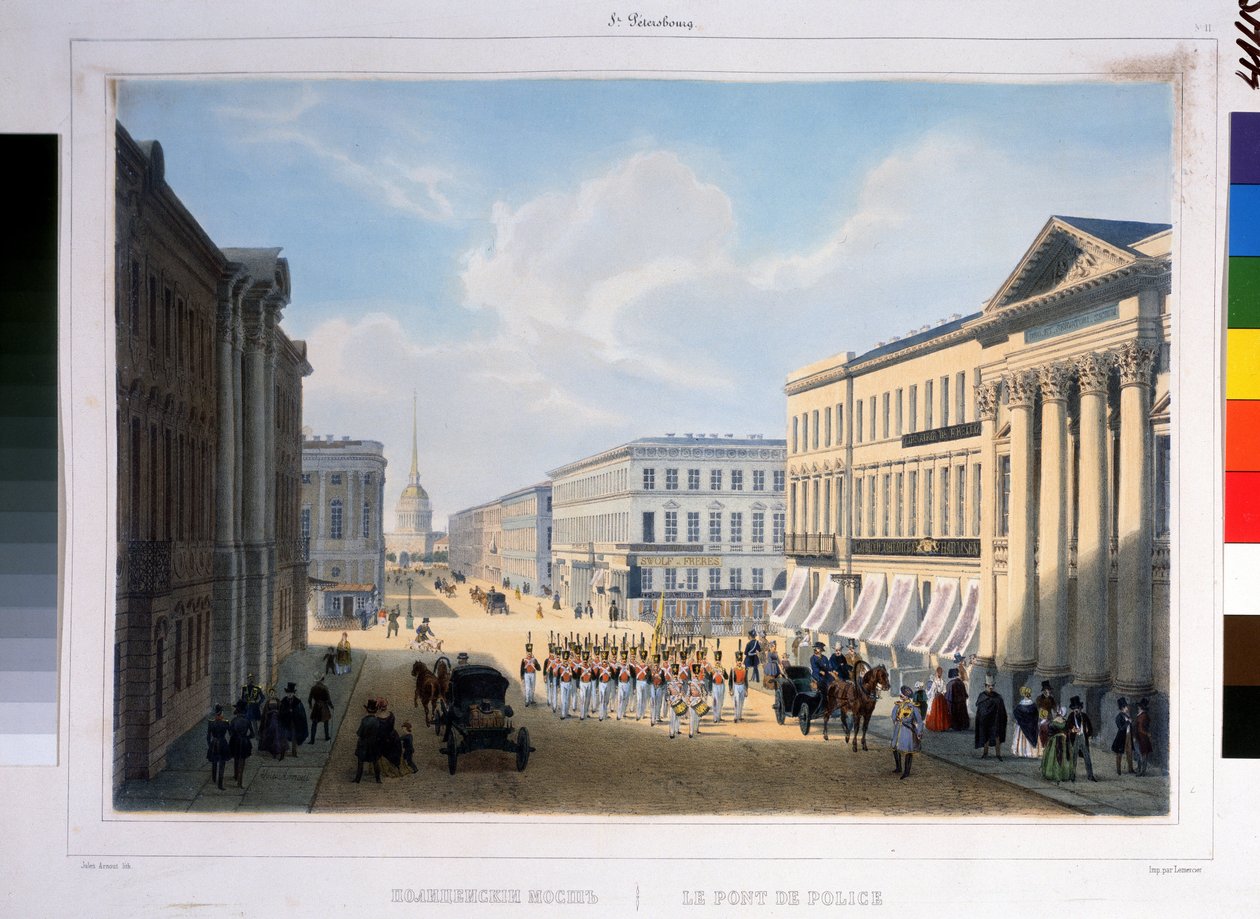 A ponte da polícia em São Petersburgo, vista da Nevsky Prospekt do Palácio Stroganov. Litografia de Louis Jules Arnout (1814-1868), colorida de Louis Jules Arnout