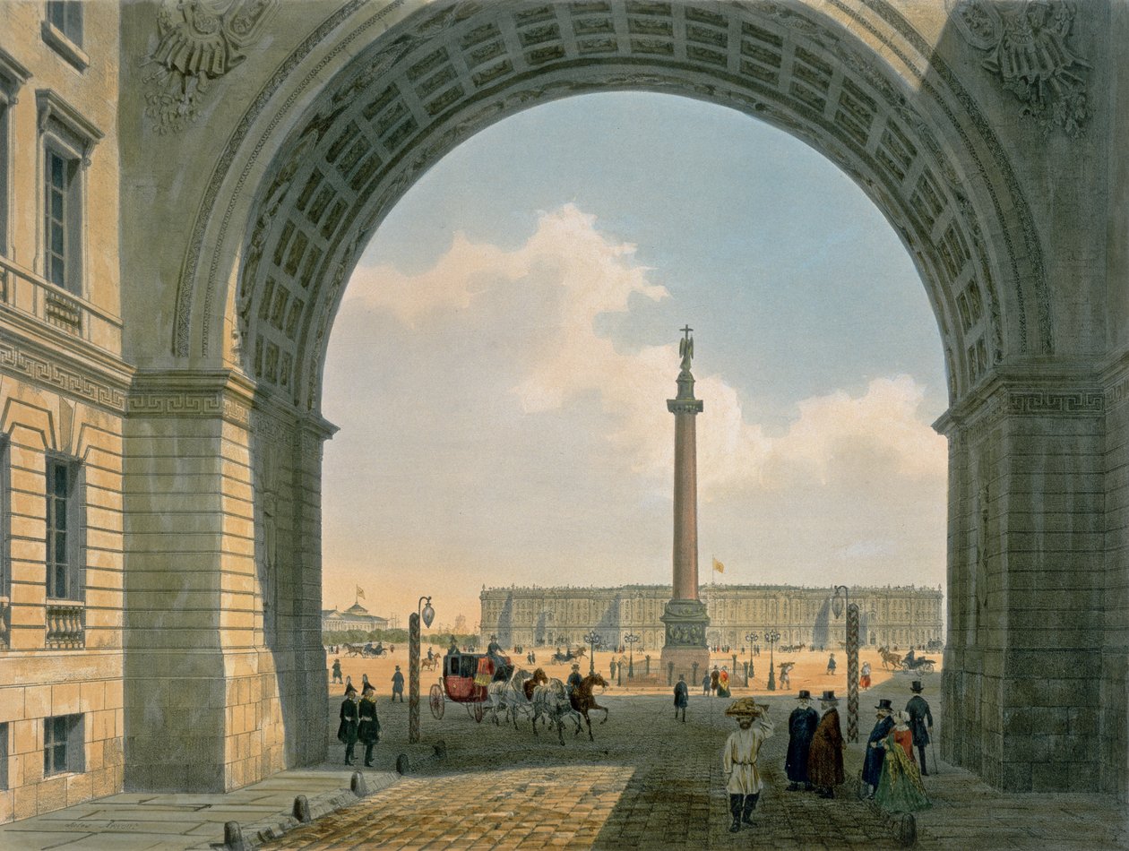 Praça do palácio, vista do arco do quartel do exército, São Petersburgo, impresso por Lemercier, Paris, de 1840 (cor litho) de Louis Jules Arnout