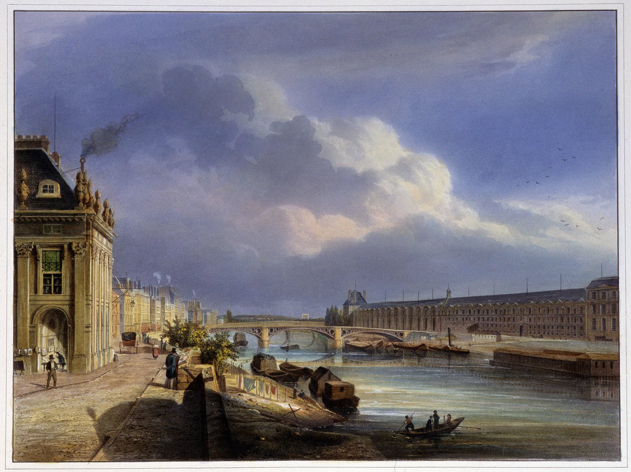 Ponte do Carrossel e a grande galeria do Louvre - em "Paris em 1837" por Arnout de Louis Jules Arnout