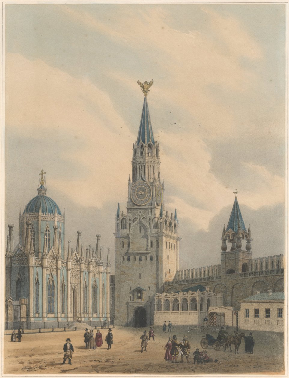 Os portões do Salvador da Torre Spasskaya e o convento da Igreja de Ascensão de Santa Catarina no Kr de Moscou de Louis Jules Arnout