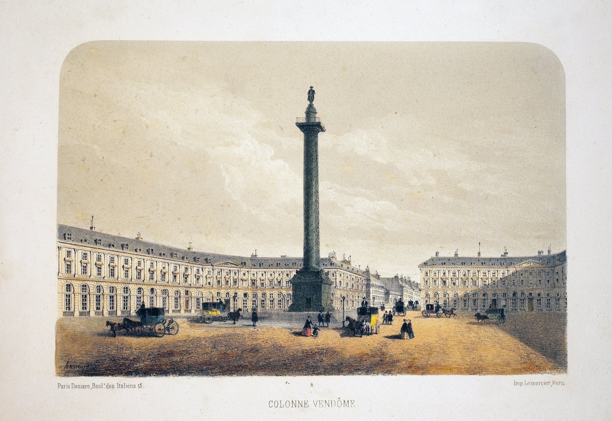 Coluna Vendome, Paris. Litografia aquarela, ilustração de Arnout, em "Album, souvenirs de Paris", Daziaro editor, Paris de Louis Jules Arnout