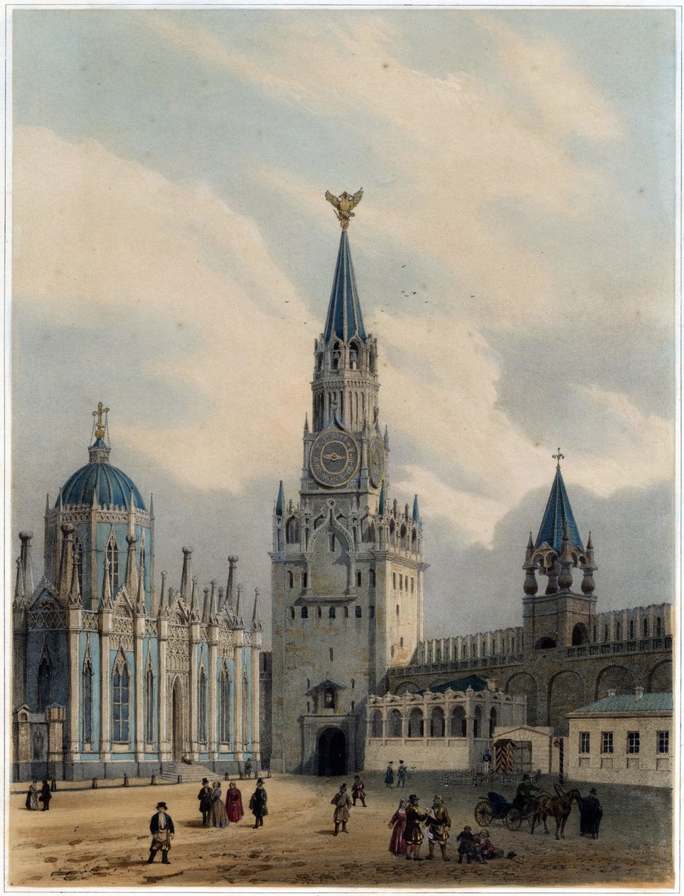"A Torre Spasskaya (Portas do Salvador) e a Igreja de Santa Catarina do Convento da Ascensão no Kremlin de Moscovo Litografia de Louis Jules Arnout (1814-1868) - 1 de Louis Jules Arnout