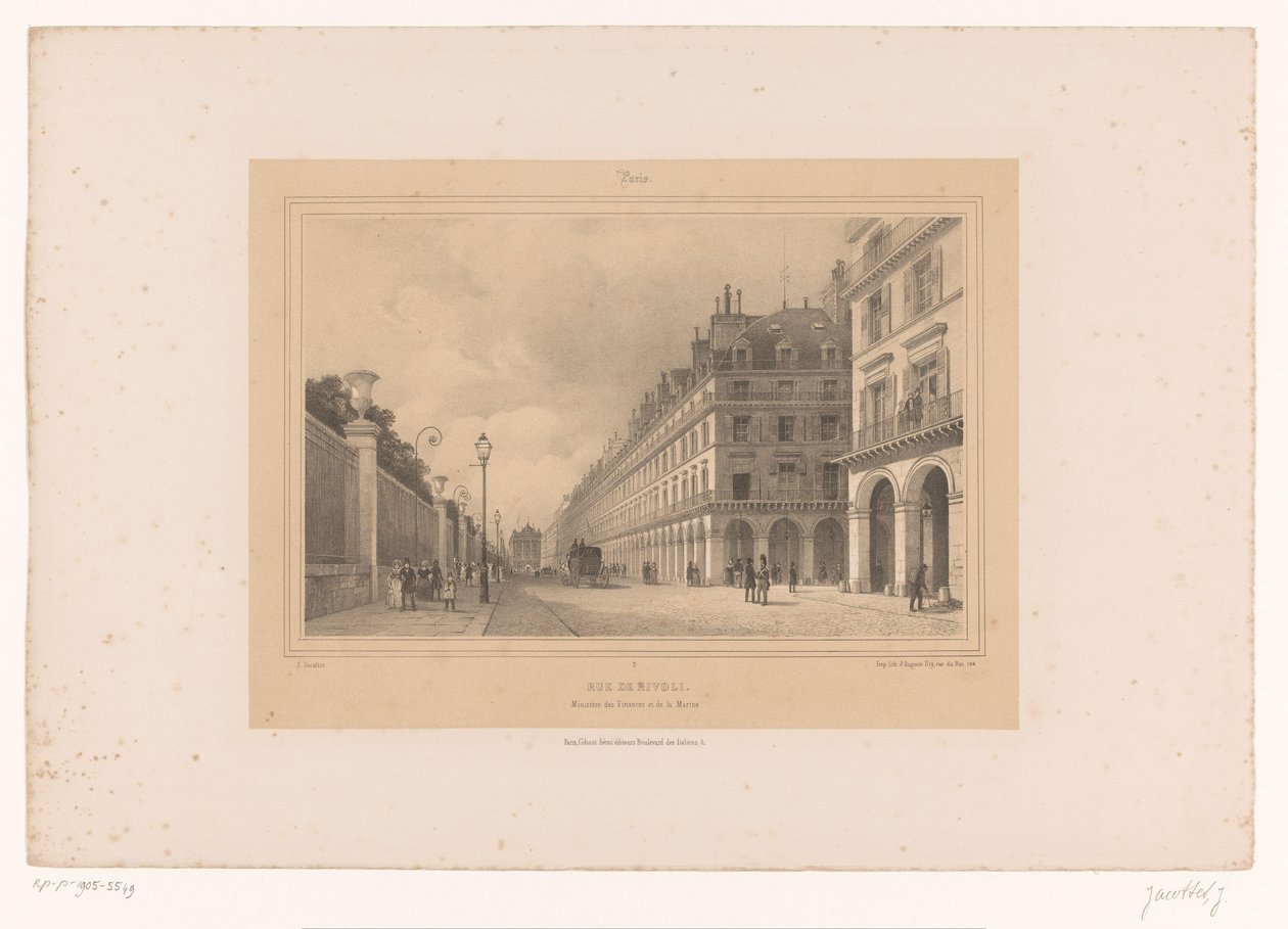 Vista da Rue de Rivoli Rua de Rivoli. Ministère des Finances et de la Marine (título no objeto) Rostos dentro e ao redor de Paris (título da série) Paris (título da série no objeto) de Louis Julien Jacottet