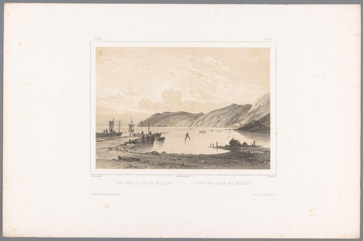 Vista do porto de Mölle Vue Prize du Port de Mólleleie / Udsigt fra Havnen ved Mólleleie (título no objeto) Rostos na Escandinávia (título da série) Vues du Nord. Camurça (título da série) de Louis Julien Jacottet