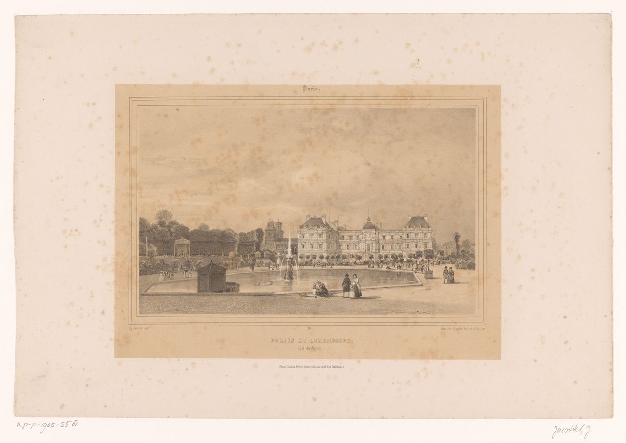 Vista do Palácio de Luxemburgo do Jardin du Luxembourg Palais du Luxembourg, Côté du Jardin (título no objeto) Gezichten in en om Paris (título da série) Paris (título da série no objeto) de Louis Julien Jacottet