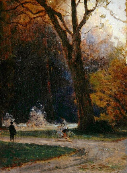 Ciclista no Parque Karlsaue, Kassel (óleo sobre papelão) de Louis Kolitz