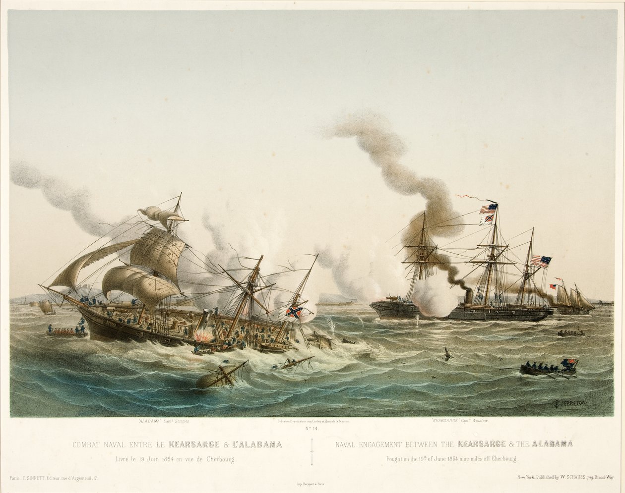 Combate Naval entre o Kearsage & l Alabama, pub. 1864 (litografia a cores) de Louis Le Breton