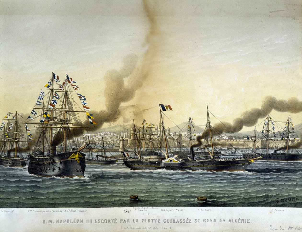 Napoleão III escoltado pela frota battlessee foi para a Argélia em setembro de 1860, gravura de 1865. de Louis Le Breton