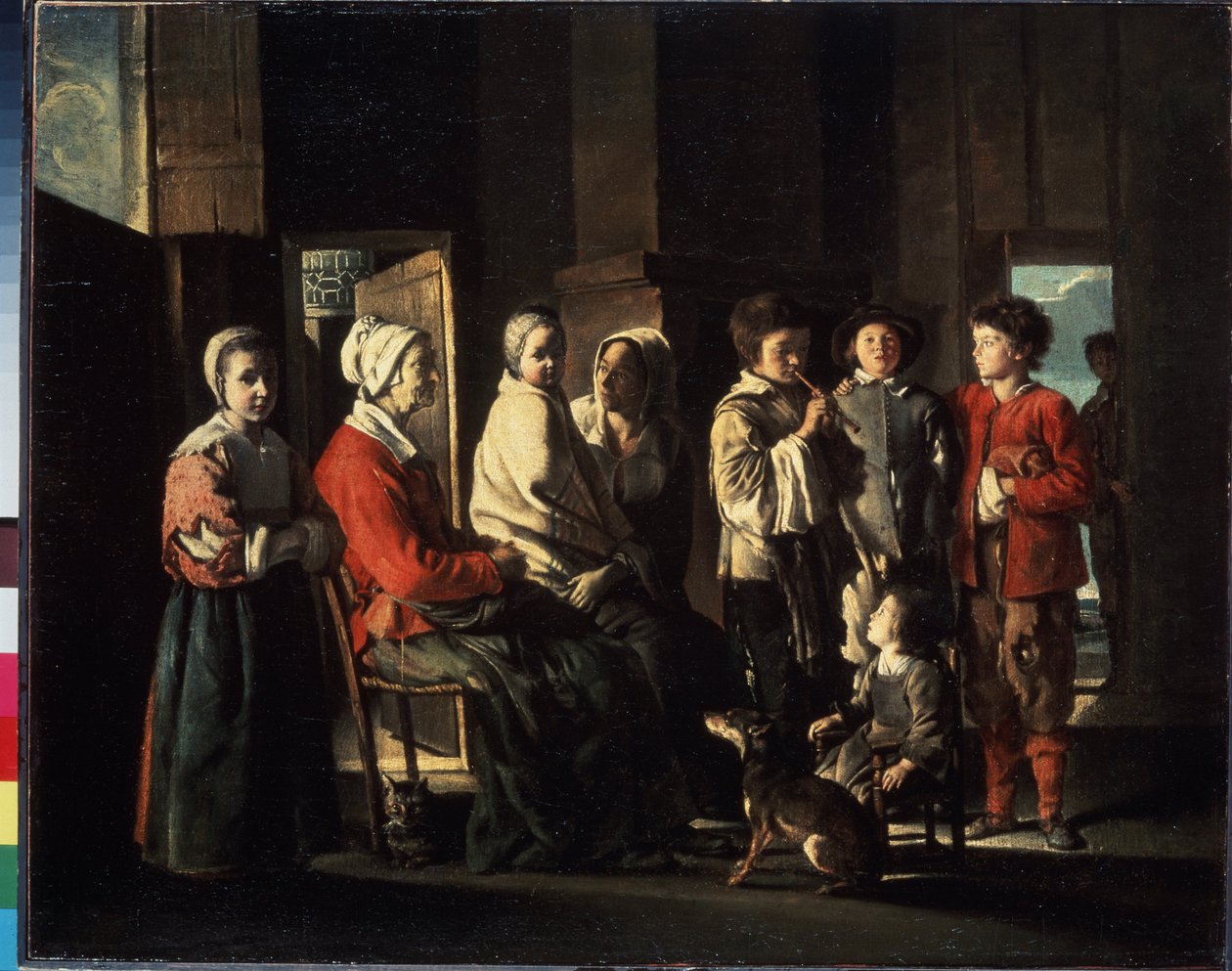 "A Visita à Avó Uma família reunida em torno de uma mulher idosa num ambiente rural, um dos jovens rapazes toca flauta. Uma alegoria de unidade familiar através das diferentes gerações. Pintura por Louis de Louis le Nain