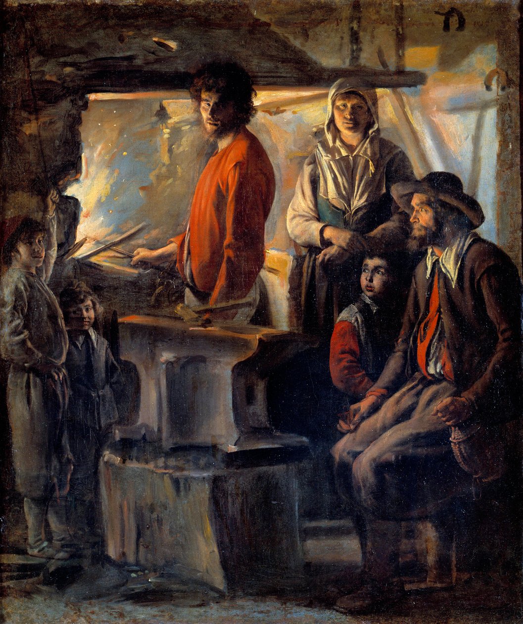 O ferreiro ou o marechal na sua forja O ferro marechal e a sua família, ao seu lado uma bigorna. Pintura de Luís o Naim (1593-1648) Sol do século XVII. 0,69x0,57 m de Louis le Nain