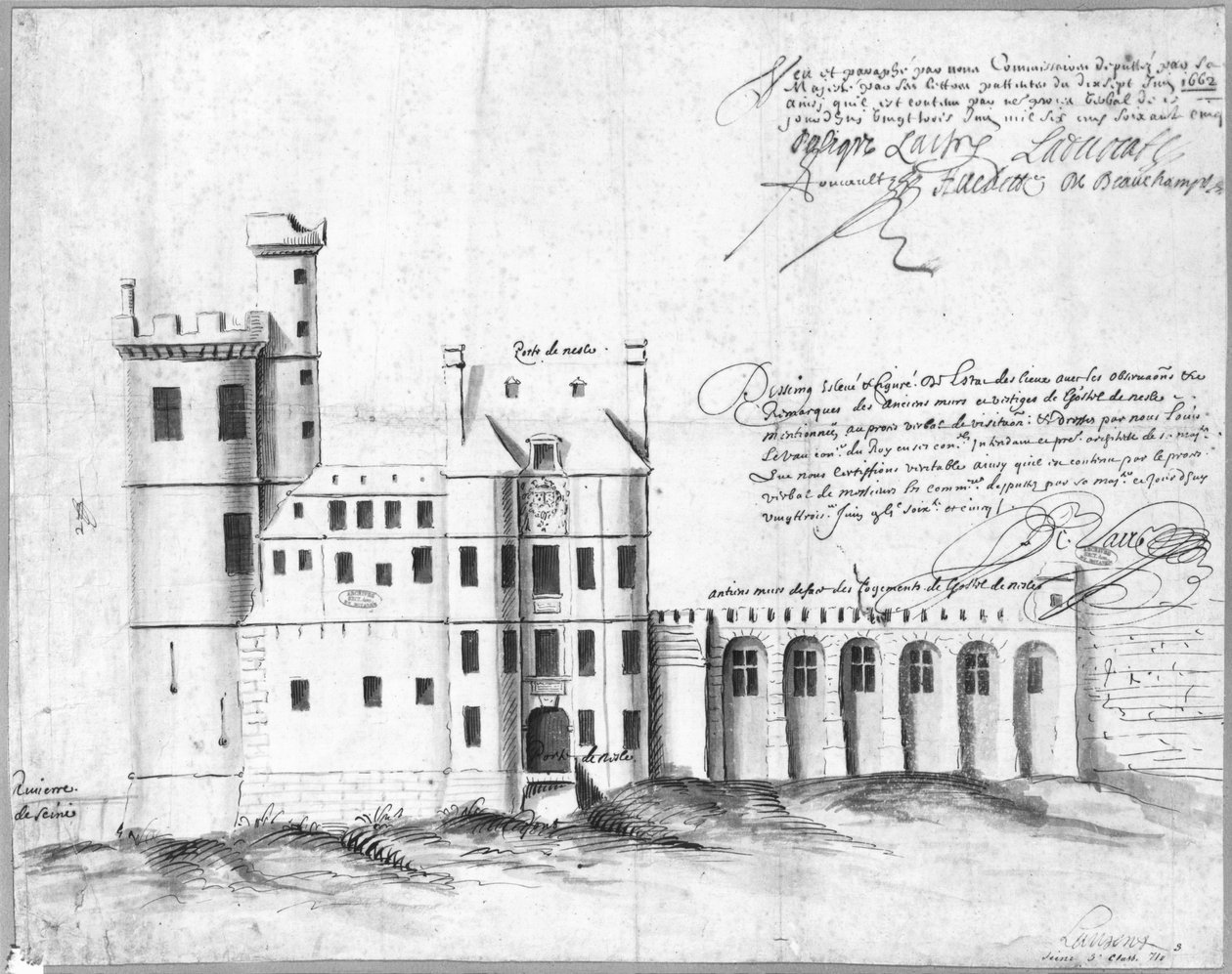 Fachada de Porte e Hotel de Nesle, 1662 (caneta e tinta e lavar no papel) de Louis Le Vau