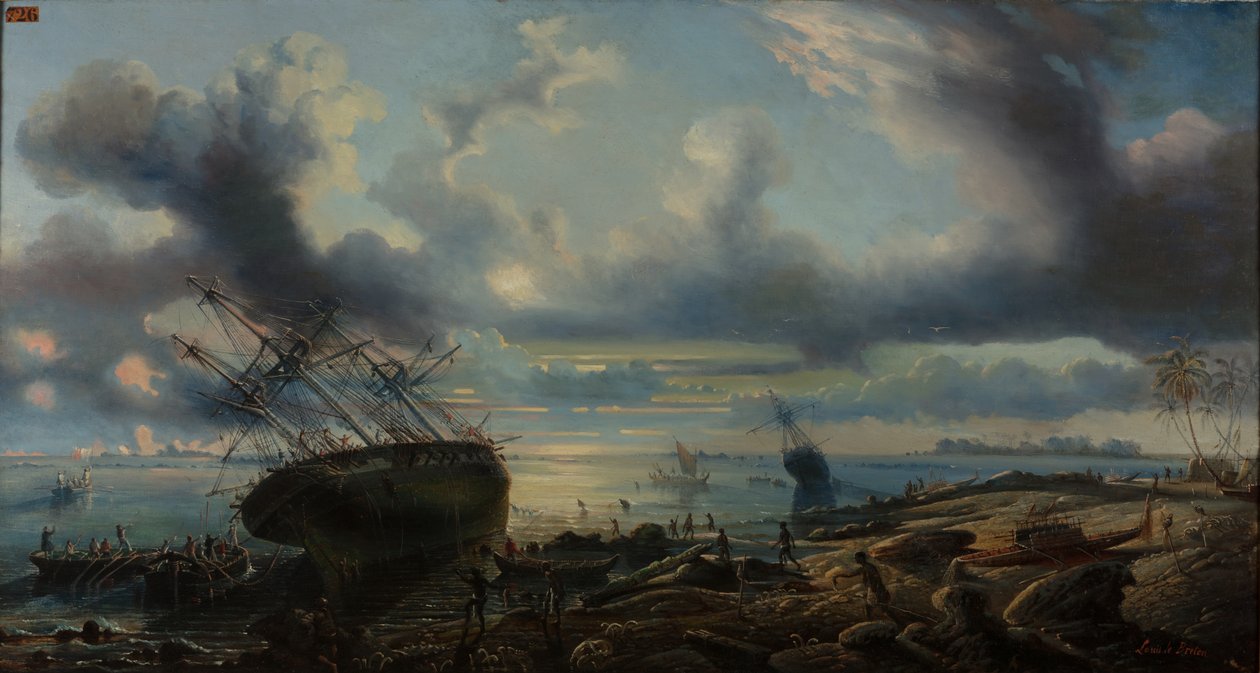 O Encalhe das Corvetas no Canal Mauvais, Estreito de Torres 1843 (óleo sobre tela) de Louis Lebreton