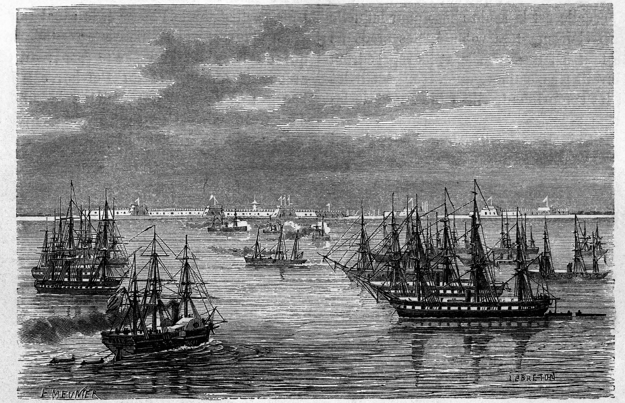Vista do esquadrão anglo francês na foz do rio Hai He, no Mar de Bohai, em Tanggu, China. Gravação de Lebreton, em "Le Tour du Monde, Nouveau journal des Voyages", editado por Edouard Charton, Paris de Louis Le Breton