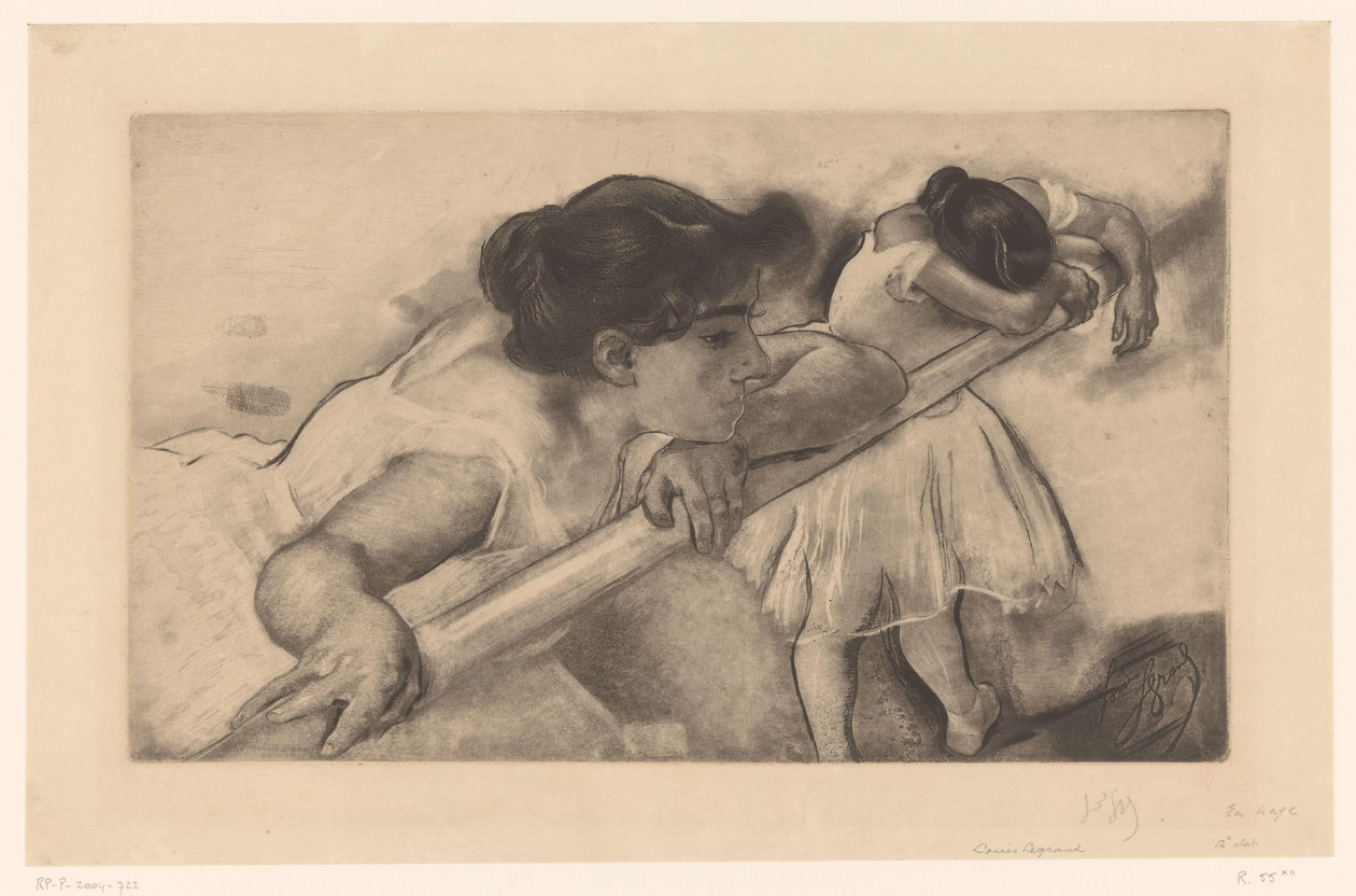 Duas bailarinas em uma barra de balé En nage (título no objeto) Jovens bailarinas (título da série) Les Petites du ballet (título da série) de Louis Legrand (signed by artist)
