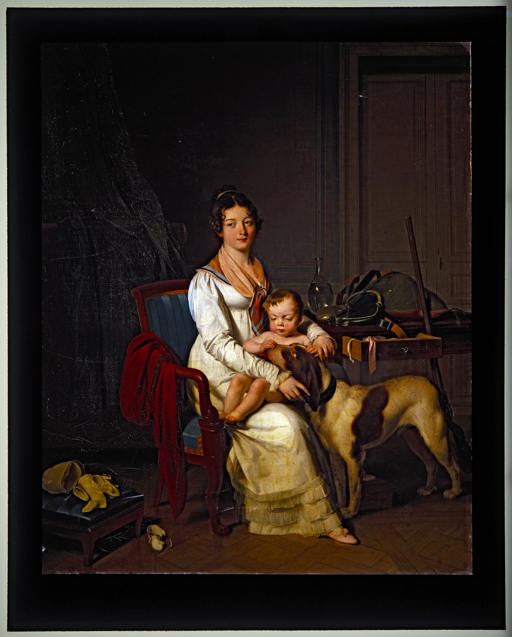 Uma jovem senhora com uma criança e um cão num interior, sem data (sobre tela) de Louis Leopold Boilly