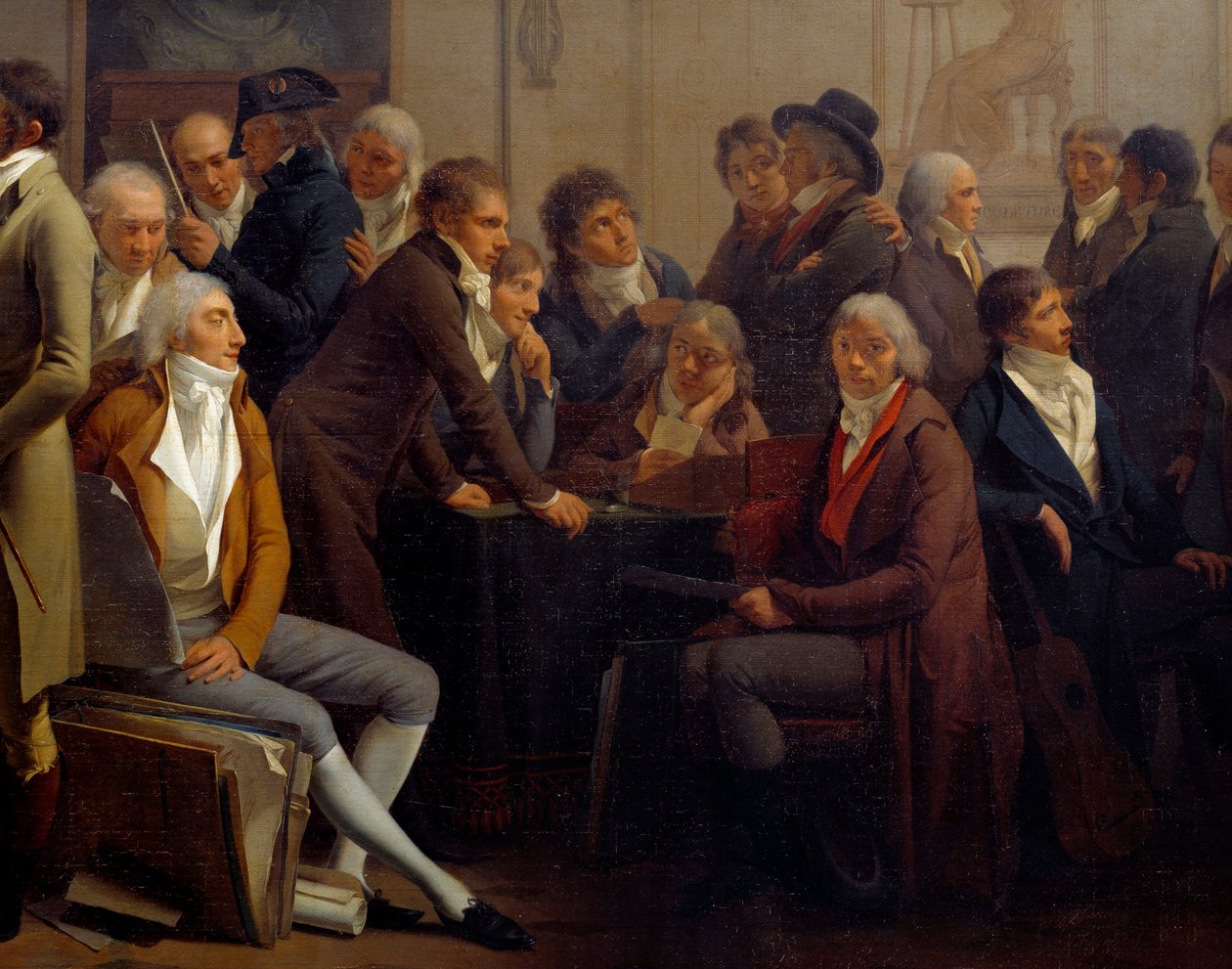 Artistas reunidos na oficina do pintor Jean Baptiste Isabey (1767-1855): Anne Louis Girodet de Roucy-Trioson (Anne-Louis Girodet de Roucy Trioson) de Louis Leopold Boilly