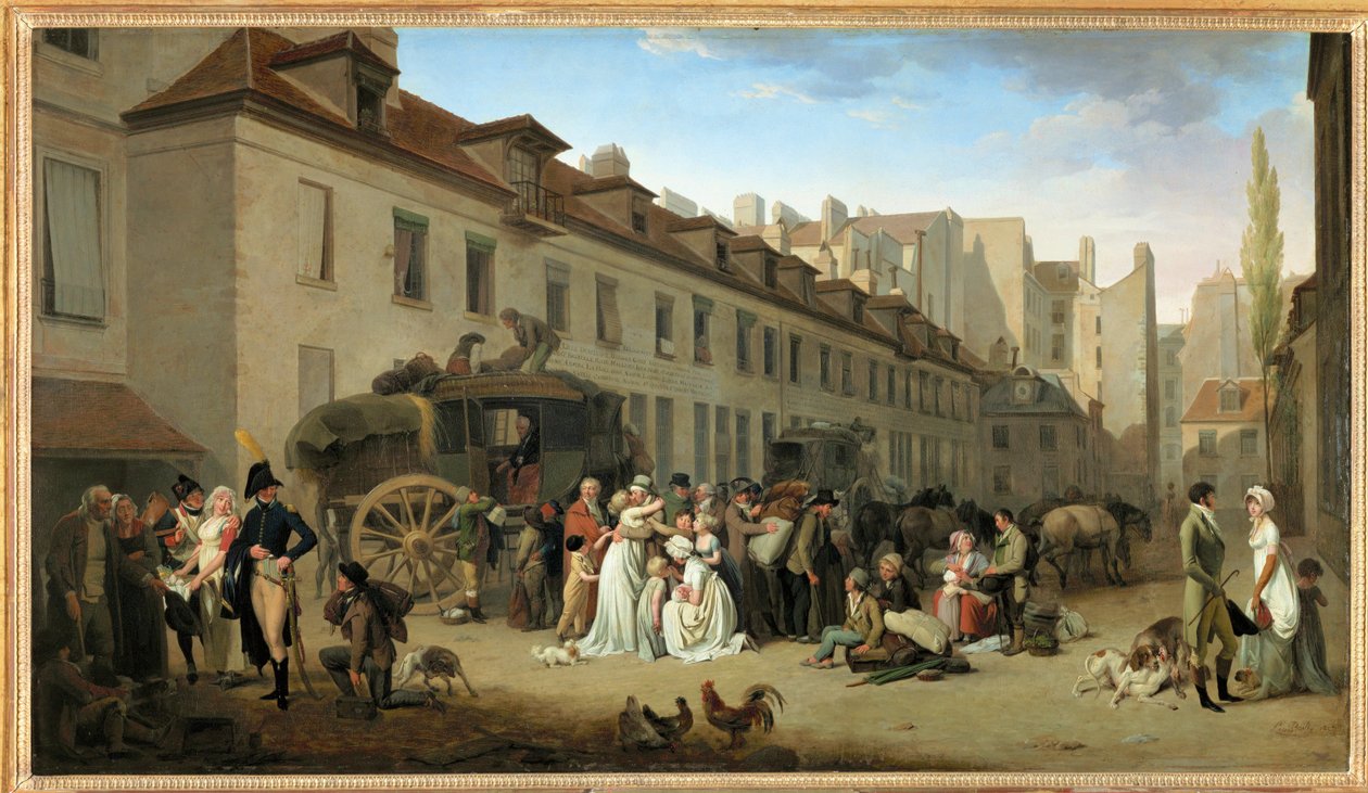 A chegada de um autocarro ao pátio das Messageries, na rua Notre-Dame-des-Victoires, em Paris ... de Louis Leopold Boilly