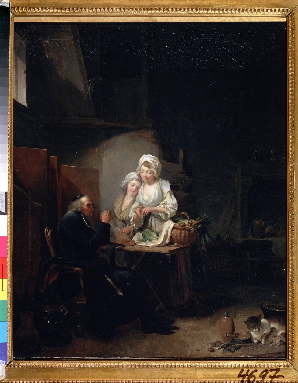 ""O velho vigário"" (um velho pároco) Duas mulheres ajudam um velho pároco na cozinha. Pintura de Louis-Leopold (Louis Leopold) Boilly (1761-1845) 1785-1800 Museu Pushkin, Moscou de Louis Leopold Boilly