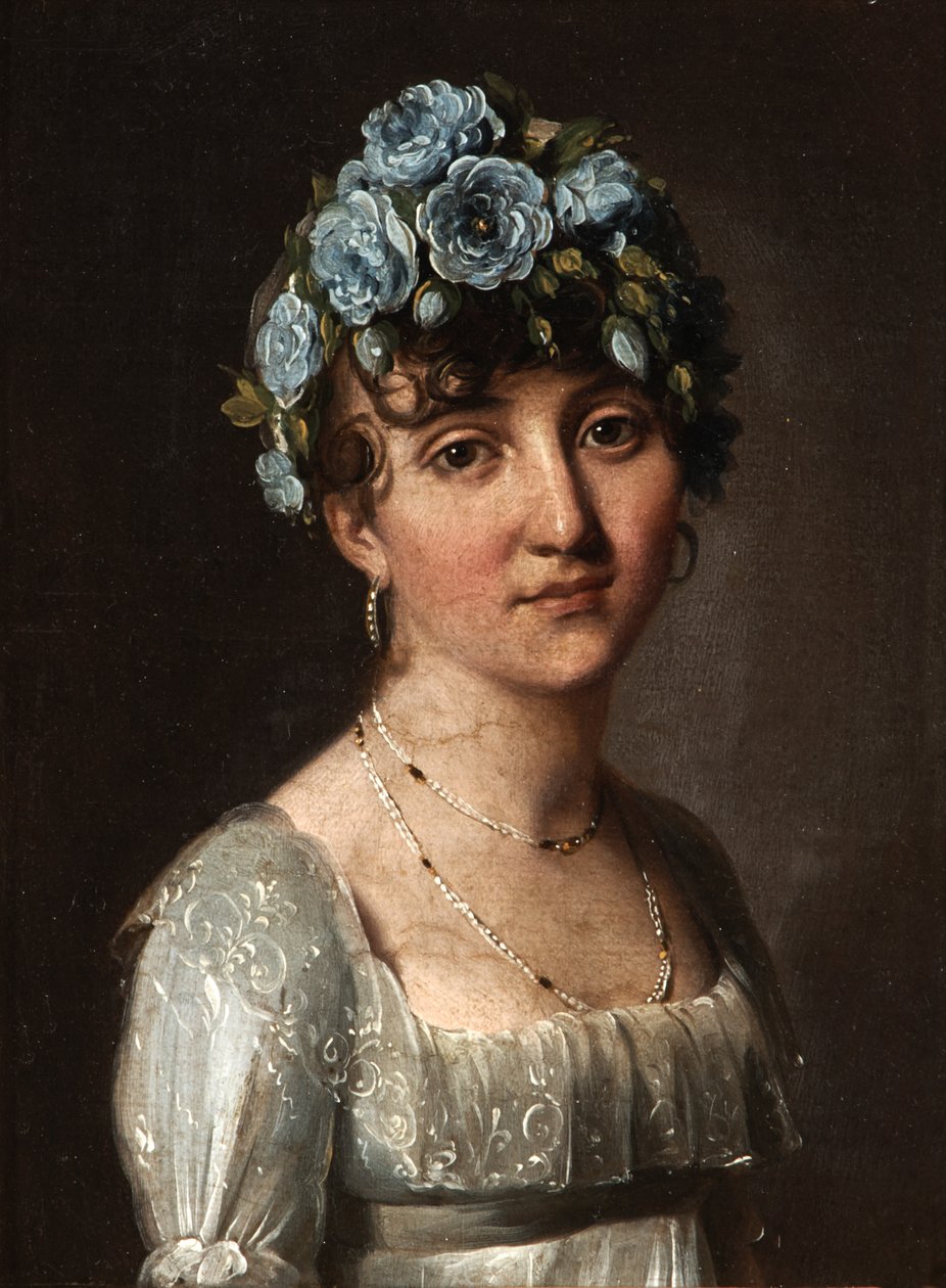 Retrato da baronesa Mesgrigny, nascida Berthelot de Rambuteau (Retrato de uma jovem com flores azuis) de Louis Leopold Boilly