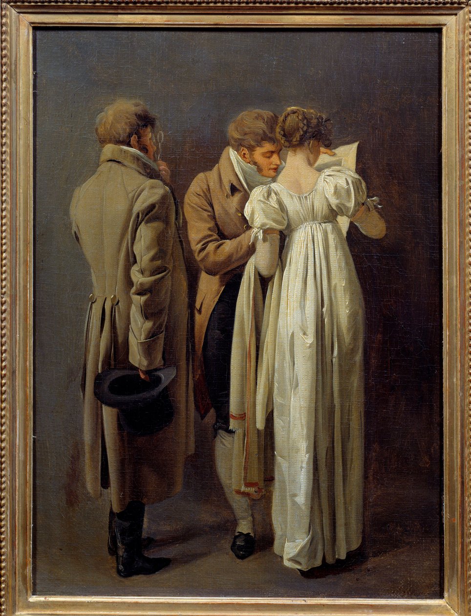 Amantes da impressão Os jovens vetus à moda do Primeiro Império contemplam uma impressão. Pintura de Louis Leopold Boilly (1761-1845) 1810. Sol 0,32x0,24 m de Louis Leopold Boilly