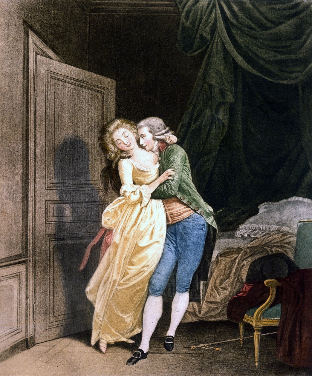 Resistência suave. Um homem faz avanços para uma jovem mulher muito elegante. Gravação por Boilly de Louis Leopold Boilly