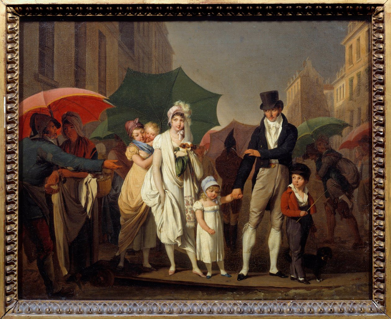Os chuveiros burgueses no Parisian Premier Empire moda se protegendo da chuva. Pintura de Louis leopold Boilly (1761-1845) Sol do século XIX. 0,32x0,4 m - O aguaceiro. Burgueses parisienses vestidos na moda do Primeiro Império protegendo-se da chuva. de Louis Leopold Boilly