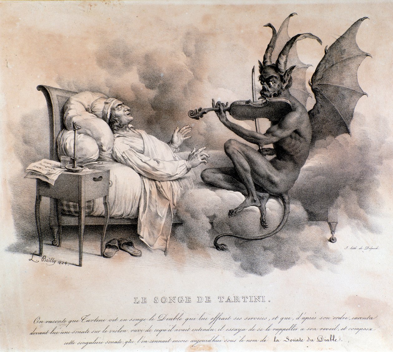 O sonho do compositor italiano Giuseppe Tartini, que viu um diabo tocando violino, que se tornaria a Sonata Trill do Diabo (Ilustração de Louis Leopold Boilly