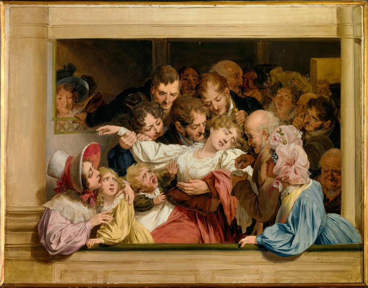 O efeito do melodrama Uma jovem mulher desmaia no camarim do teatro. Pintura de Louis leopold Boilly (1761-1845) 1830 Sol. 0,32x0,41 m Versailles, musee Lambinet de Louis Leopold Boilly