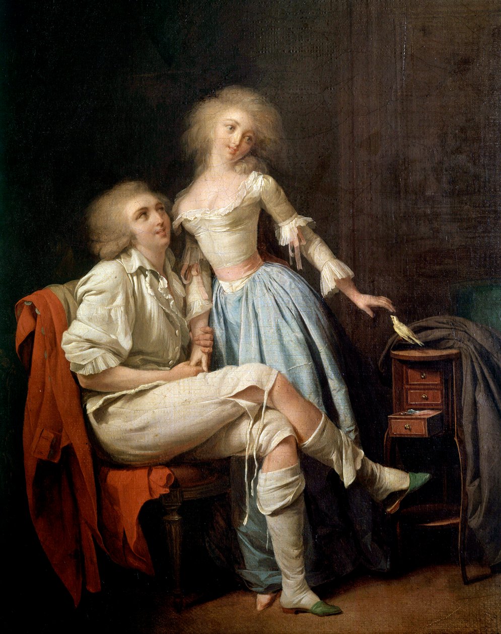 O pássaro privado também diz que o casal e o pássaro voa Pintura de Louis leopold Boilly (1761-1845) Sol do século XIX. 0,4x0,32 m de Louis Leopold Boilly