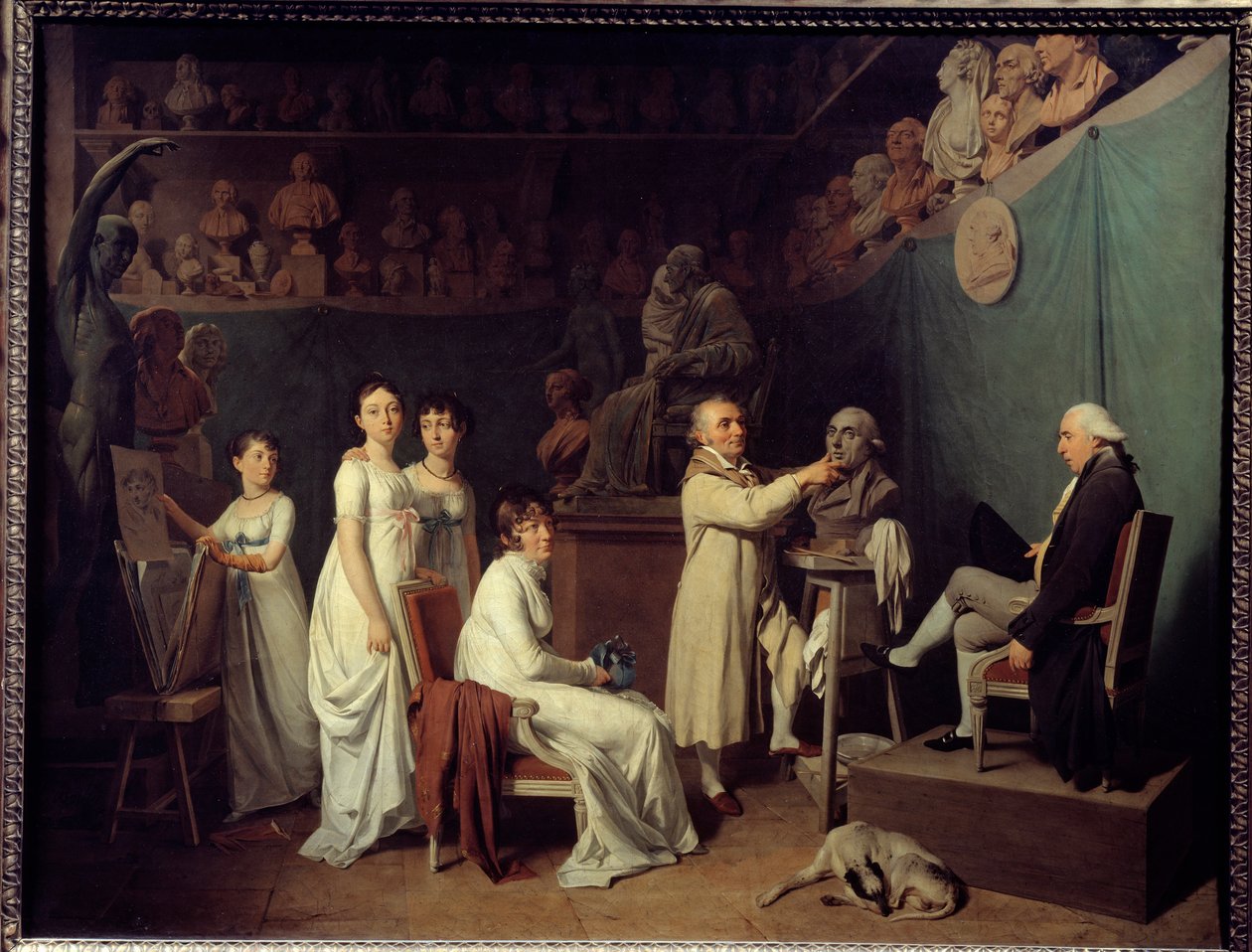 A oficina do escultor Jean Baptiste Houdon (1741-1828). O modelo do escultor foi o matemático Pierre-Simon Laplace (1749-1827) Marquês de Laplace, na presença de sua esposa e filhas. Pintura de Louis Leopold Boilly (1761-1845) 1804 Paris, De de Louis Leopold Boilly