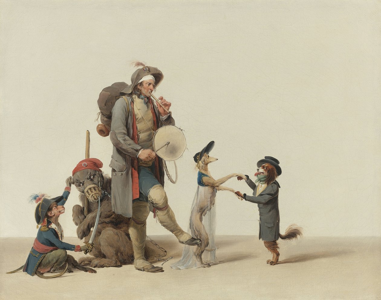 Um treinador de animais com cães dançarinos, um urso e um macaco por Boilly, Louis-Leopold (1761-1845). Óleo sobre tela, tamanho : 32,4x40,6 cm - Colecção privada de Louis Leopold Boilly