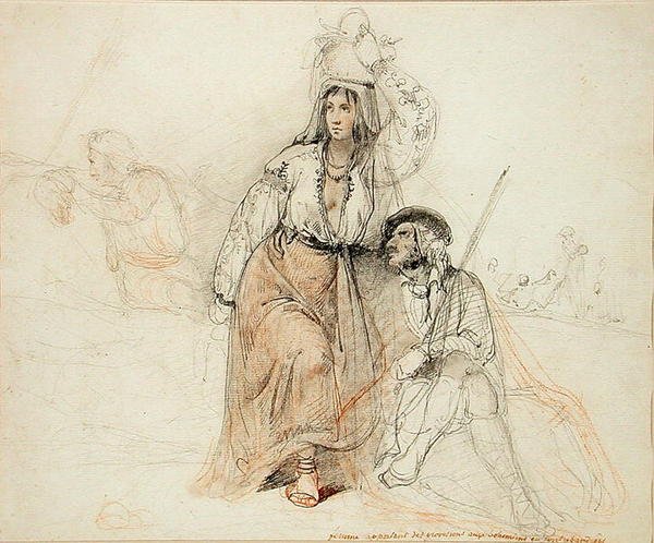 Mulher trazendo provisões para a Boémia e Brigands (lápis e giz vermelho sobre papel) de Louis Leopold Robert
