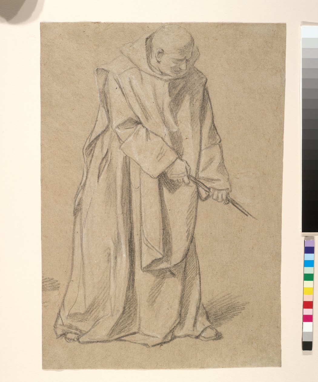 Étude de moine tirant sur une corde (giz preto e branco sobre papel castanho) de Louis Licherie de Beurie