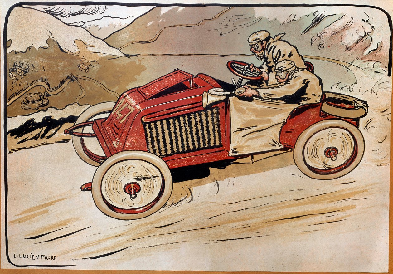 Automóvel: um carro de corridas. Marcel Renault (1872-1903) e Rene Vauthier atravessam os Alpes durante a corrida PARIS-VIENNA, em 1902, no carro 147. Litografia de Louis Lucien Faure Dujarric (1872-?) , século XX. Conservatoire national des Arts et Metier de Louis Lucien Faure Dujarric