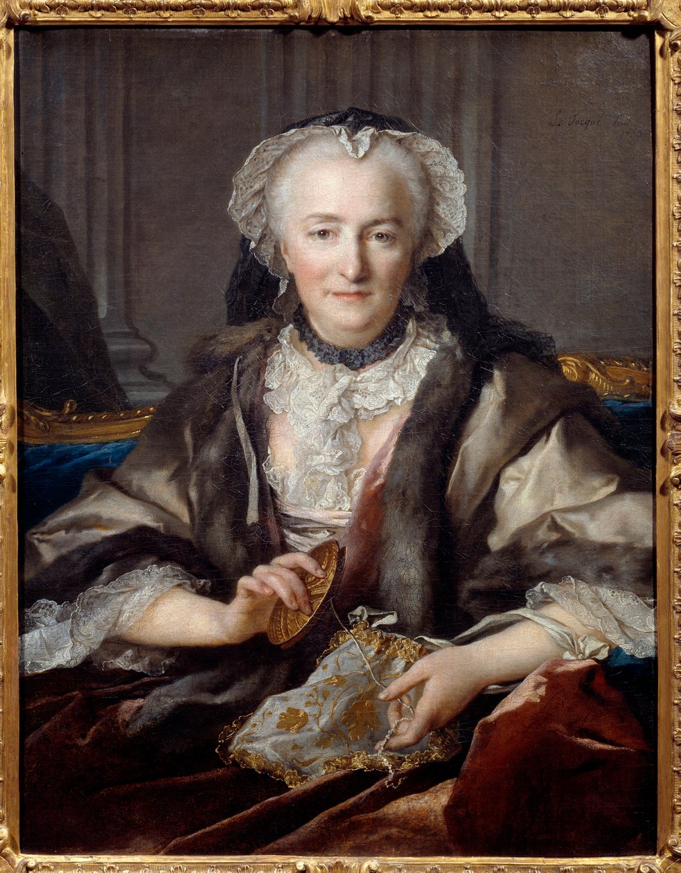 Retrato de Madame Dange batendo à porta Ela é a esposa do fazendeiro geral F. B. Dange du Fay - Pintura de Louis Tocque (1696-1772) 1753 Sun. 0,83x0,63 m - Retrato de Anne Jarry, Madame Dange (Em 1721 ela casou com François Balthazar Dange du Fay (1696-177 de Louis Tocqué
