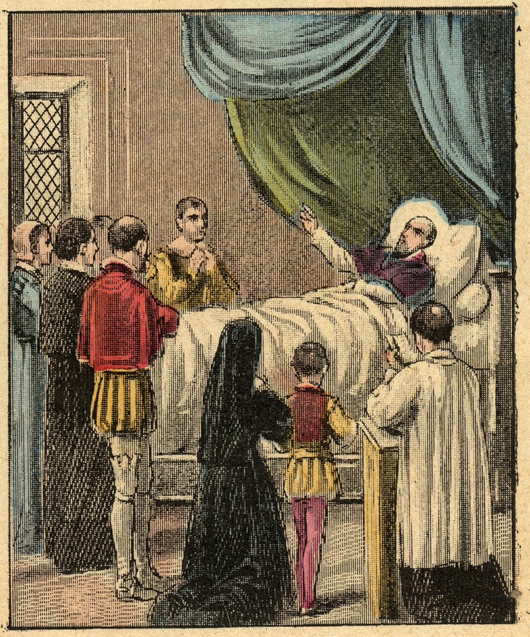 Morte de São Francisco de Sales - Morte de São Francisco de Sales (São Francisco de Sales) (1567-1622) - Gravura de “” Ensino religioso pelos olhos. Wonderful Album” de Louis Maitrejean e Georget Ramond - França 1910 de Louis Maitrejean