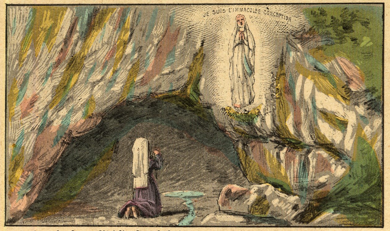 A Aparição da Virgem Maria em Lourdes - A Virgem aparece a Bernadette Soubirous (1844-1879) em Lourdes em 1858 - - Gravura de “” Ensino religioso através dos olhos. Wonderful Album” de Louis Maitrejean e Georget Ramond - França 1910 de Louis Maitrejean